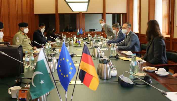 Chief of Army Staff Gen Qamar Javed Bajwa (2nd L) in a meeting with German dignitaries, in Germany, on June 24, 2021. — ISPR