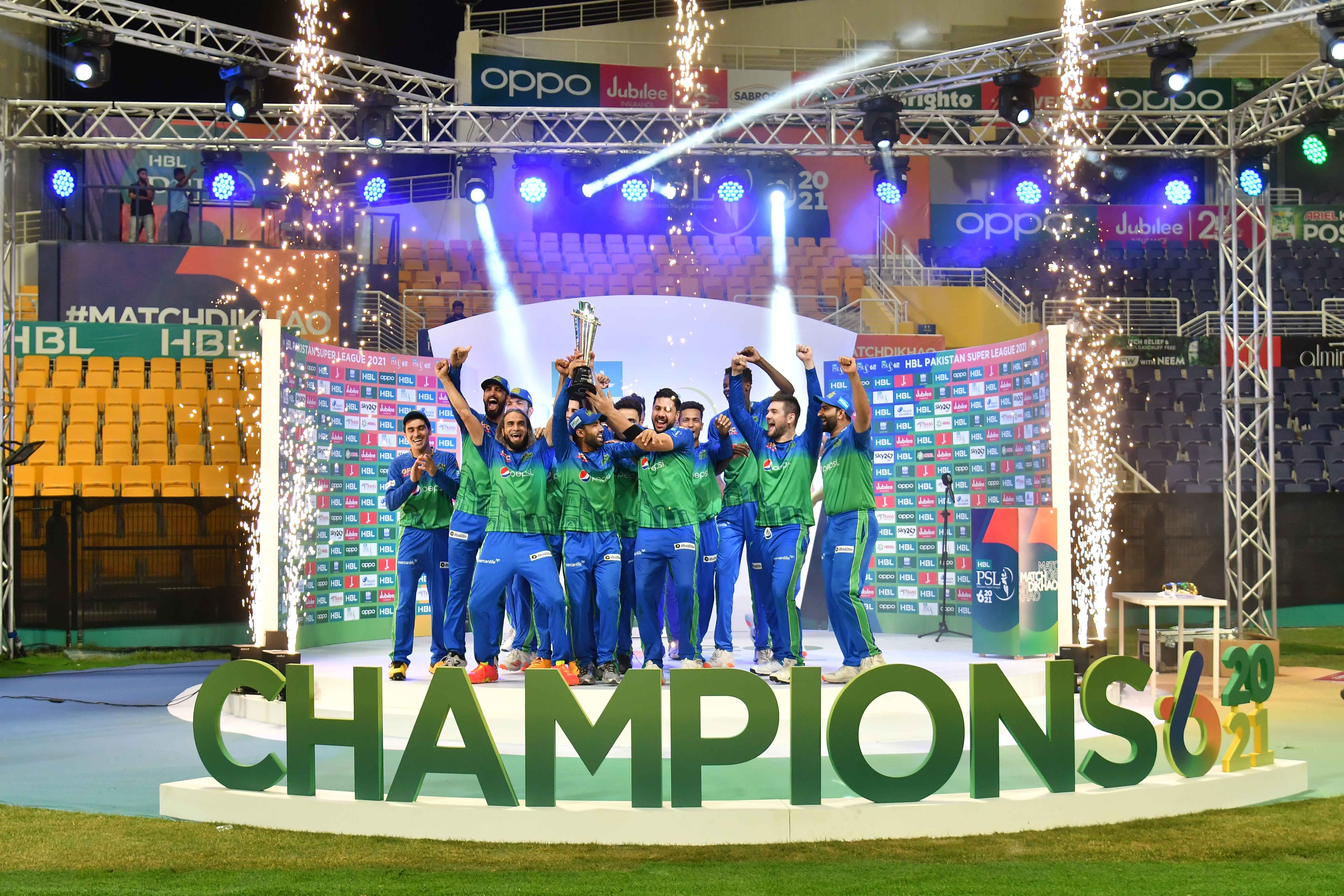 Multan Sultans celebrate as they lift their first PSL trophy, at the Sheikh Zayed Cricket Stadium, in Abu Dhabi, on June 25, 2021. — PSL