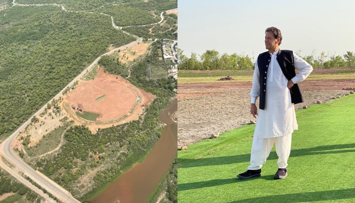 (L to R) The ground that is being established at Bani Gala and Prime Minister Imran Khan can be standing there. — Twitter/ImranKhanPTI