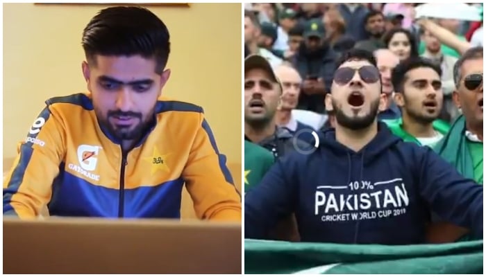 Pakistan skipper Babar Azam writes on his laptop (L) and Pakistani fans cheering at a stadium in UK (R). Photo: PCB video screengrab