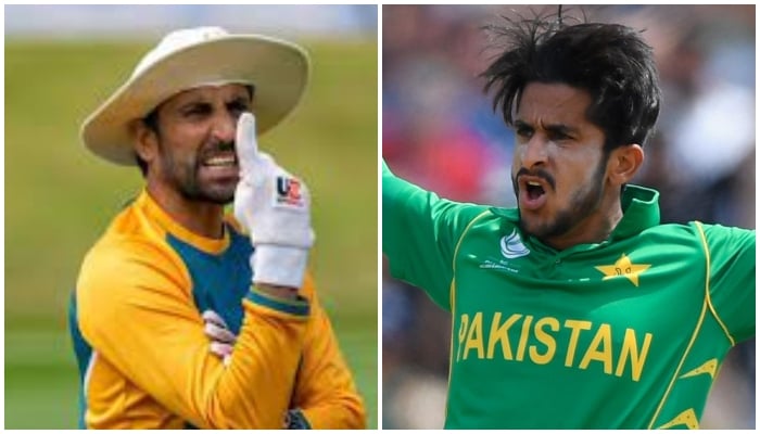 Former Pakistan batting coach Younis Khan gestures during a training session (L) and fast bowler Hassan Ali celebrates after taking a wicket (R). Photo: File