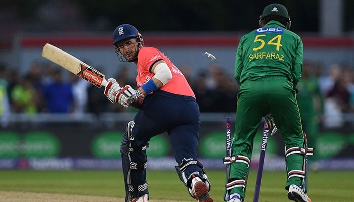 Alex Hales was bowled attempting to sweep, England v Pakistan, only T20, Old Trafford, September 7, 2016. Photo: AFP