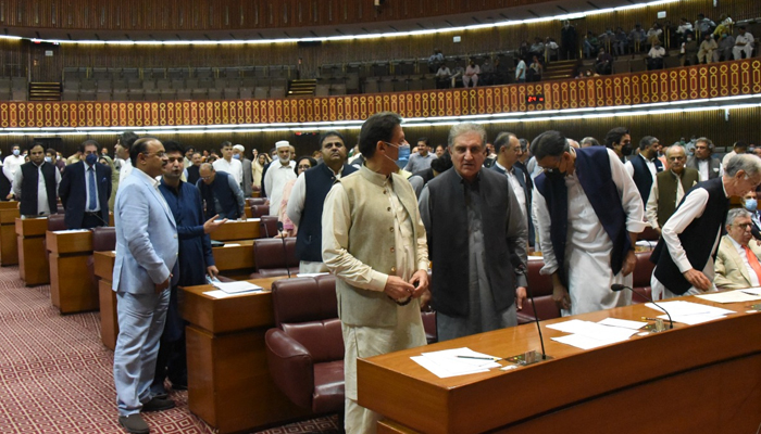 Prime Minister Imran Khan, FM Qureshi and other members of the cabinet during the NA session on budget approval in Islamabad, on June 29, 2021. — Twitter/@NAofPakistan