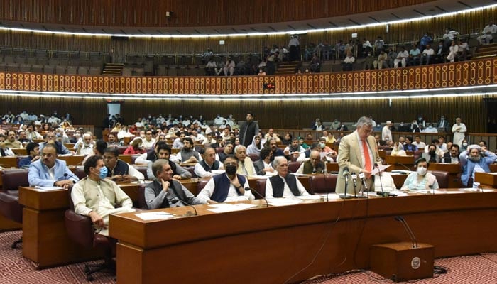 Finance Minister Shaukat Tarin presenting speaking on the floor of the National Assembly in Islamabad, on June 29, 2021. — Twitter/NAofPakistan