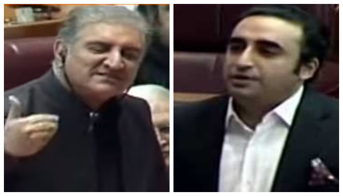 (Left0 Foreign Minister Shah Mahmood Qureshi and (Right) PPP Chairperson Bilawal Bhutto-Zardari speak during the NA session today.