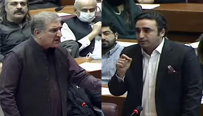 (L ro R) Foreign Minister Shah Mahmood Qureshi and PPP Chairperson Bilawal Bhutto-Zardari speak during the NA session today.