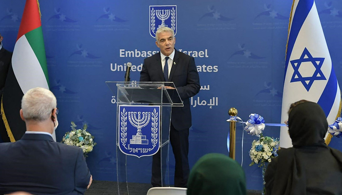 A handout picture released by the Israeli Government Press Office (GPO) shows Israeli alternate prime minister and Foreign Minister Yair Lapid delivering a speech during the inauguration of the Israeli Embassy in Abu Dhabi, on June 29, 2021. Photo: AFP/GPO
