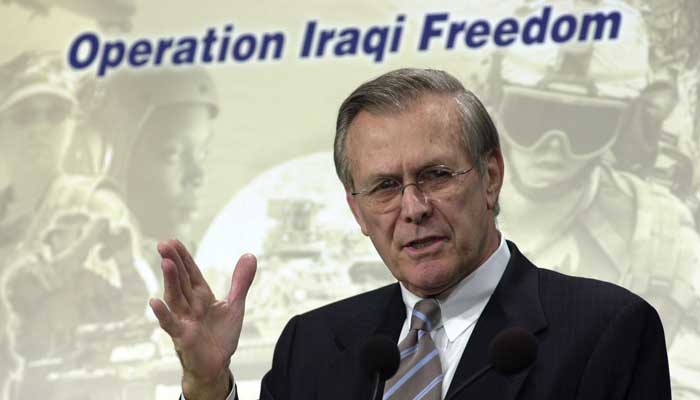Donald H. Rumsfeld, Secretary of Defense briefs the Press at the Pentagon, March 21, 2003. -REUTERS