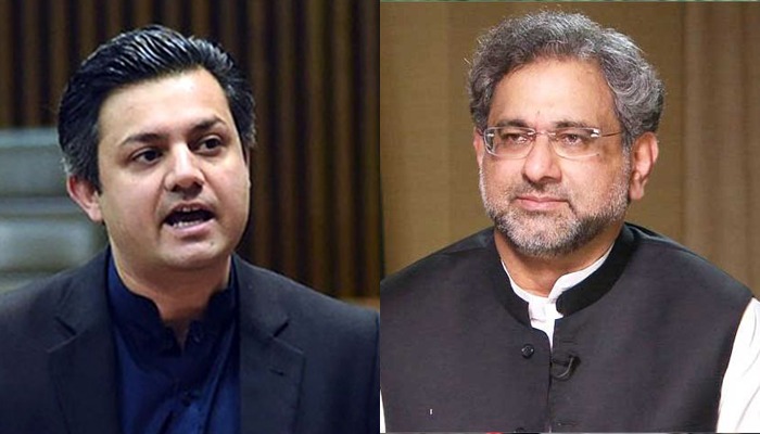 Federal Energy Minister Hammad Azhar and PML-N leader Shahid Khaqan Abbasi. Photo: Twitter