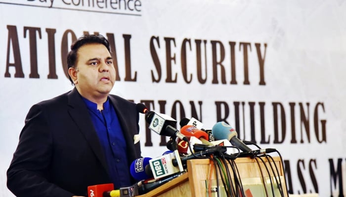 Information Minister Fawad Chaudhry addressing an event. — PID/File