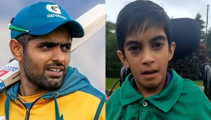 Pakistani cricket team skipper Babar Azam (left) and the  differently-abled fan from England, Muhammad Akhil. — AFP/File, Twitter/File