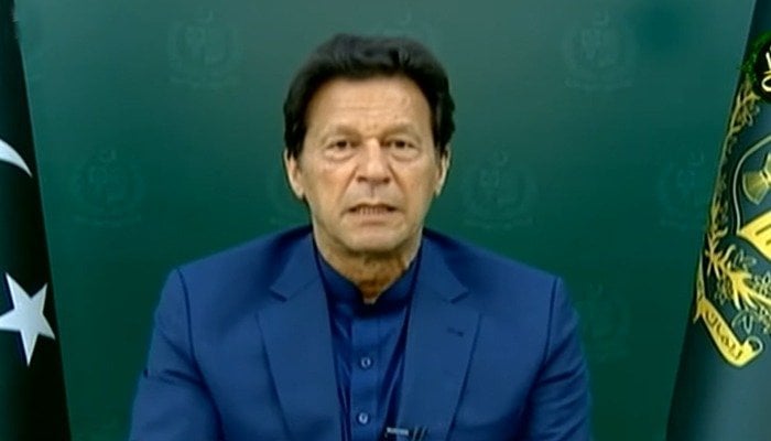 Prime Minister Imran Khan addresses the nation on Monday, April 19, 2021. Photo: Screengrab via Geo News.