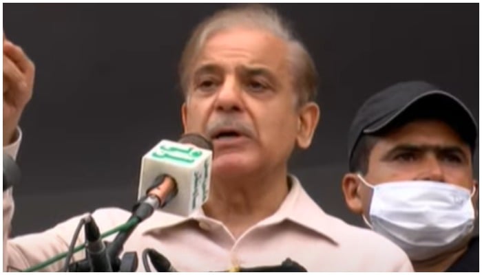 PML-N Leader Shahbaz Shareef addressing the crowd during a Pakistan Democratic Movement Jalsa in Swat on Sunday, July 4, 2021. Screengrab via Hum News Live.
