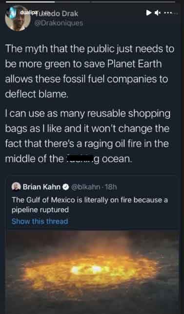 Dua Lipa reacts to fire in Gulf of Mexico