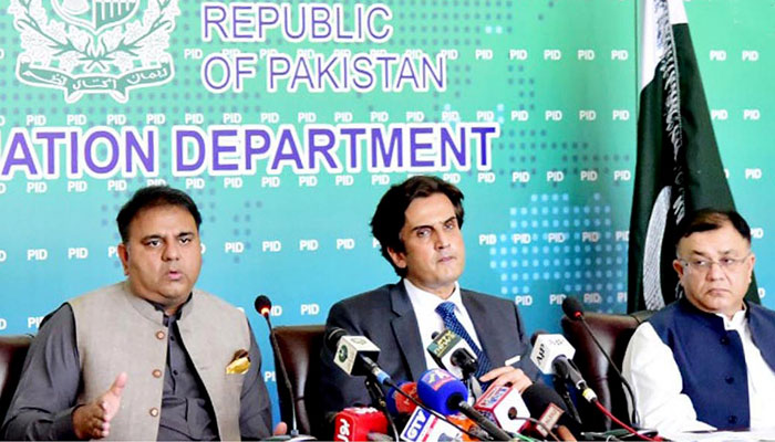 Federal Minister for Information and Broadcasting Fawad Chaudhry (L) and Federal Minister for Industries & Production Khusro Bakhtyar, addressing a press conference in Islamabad, on July 7, 2021. — INP
