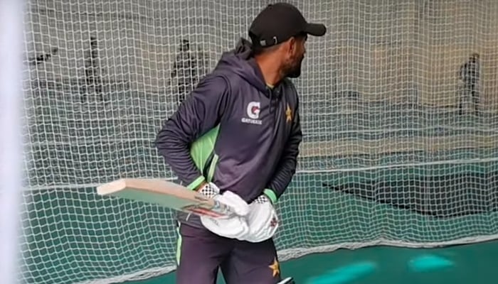 Pakistan cricket captain Babar Azam bats during the practice session at Cardiff. Photo: PCB YouTube