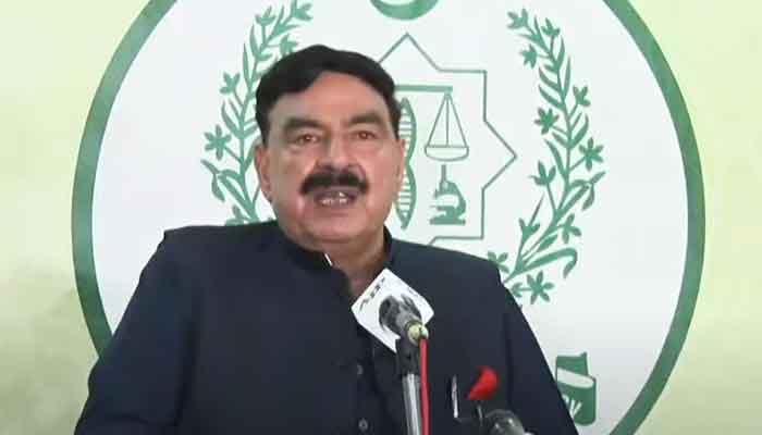 Minister for Interior Sheikh Rasheed Ahmed addressing a press conference in Islamabad, on July 8, 2021. — YouTube