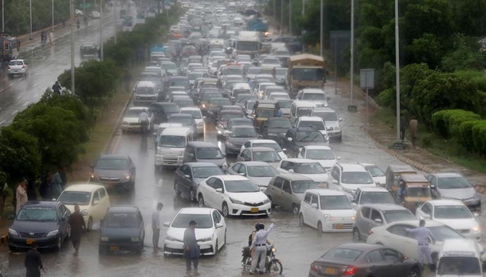 A general view shows traffic on a Karachi road during the monsoon rain on  August 25, 2020. — Reuters/File