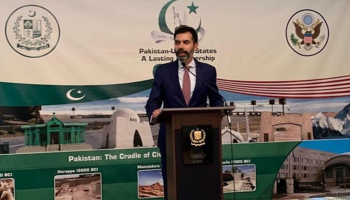 State Bank of Pakistan Governor Dr Reza Baqir introducing the Roshan Digital Initiative at the Pakistan embassy in Washington DC, US. Photo: Twitter/ Asad M Khan