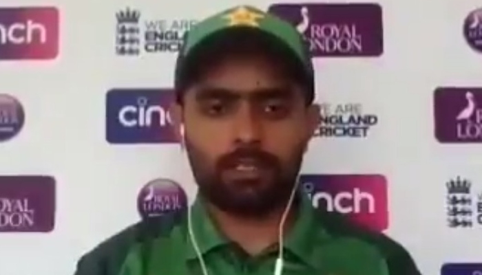 Pakistan captain Babar Azam addresses virtual press conference after 1st ODI against England. Photo: Twitter