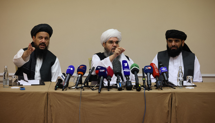 Taliban negotiators Abdul Latif Mansoor (L), Shahabuddin Delawar (C) and Suhail Shaheen (R) attend a press conference in Moscow on July 9, 2021. Photo: AFP