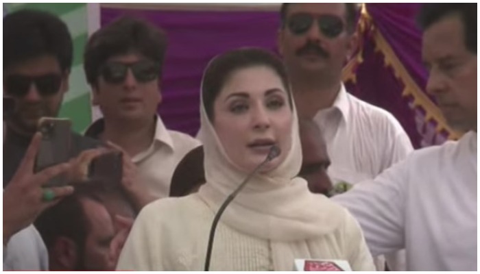 PML-N vice-president Maryam Nawaz addressing a jalsa as part of her partys electioneering campaign in Azad Jammu and Kashmir on Friday, July 9, 2021. Photo: Screengrab via Hum News.