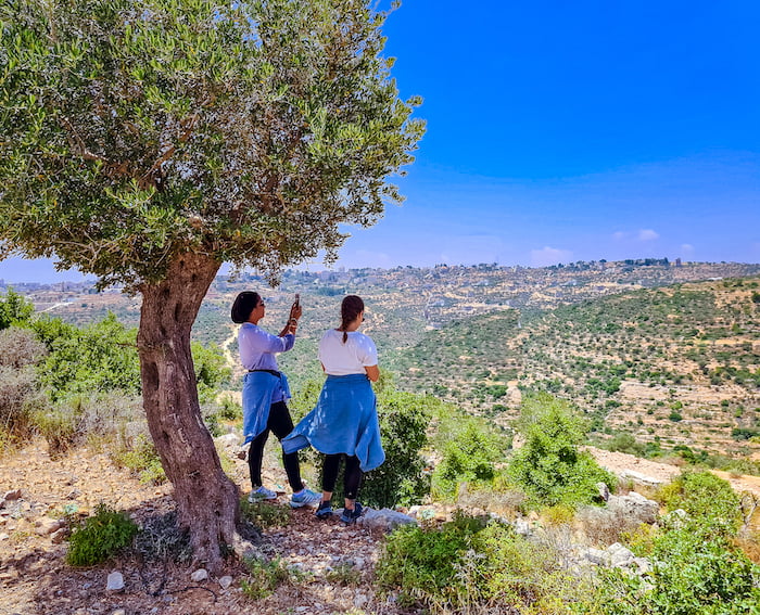 Travel bloggers Malak Hassan and Bisan Alhajhasan visit a village near Ramallah called Jifna. Photo: Courtesy Ahlan Palestine