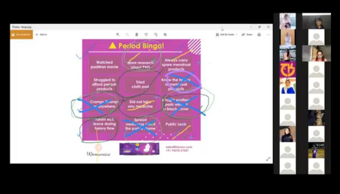 Participants engage in an interactive game of Period Bingo using the annotation feature on Zoom. Photo: Courtesy Aurat Raaj