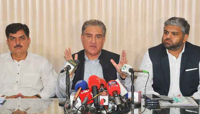 Minister for Foreign Affairs Shah Mahmood Qureshi addressing a press conference in Multan on July 10, 2021. — PID