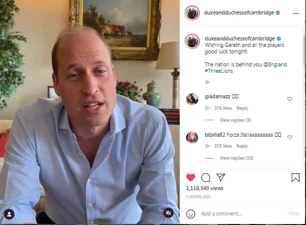 Prince William releases video for England team ahead of Euro 2020 final