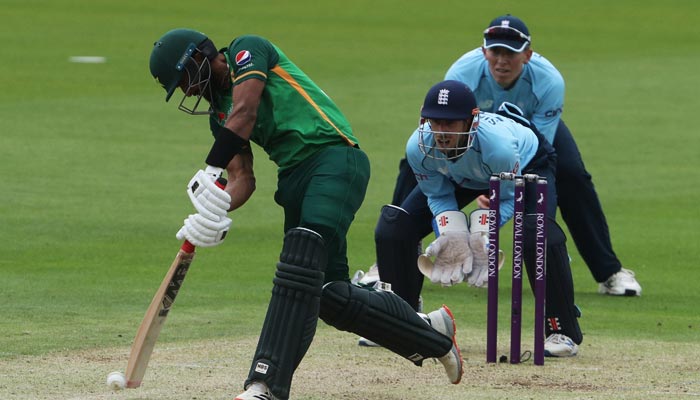 Pakistans Hasan Ali plays a shot during the first One Day International cricket match between England and Pakistan at Sophia Gardens stadium in Cardiff, Wales on July 8, 2021. Photo: AFP