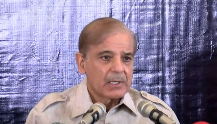 PML-N President Shahbaz Sharif addressing a press conference in Lahore on Monday, July 12, 2021. Photo: Screengrab via Hum News.