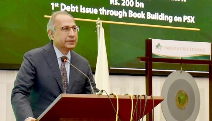 Adviser to Prime Minister on Finance Abdul Hafeez Shaikh addressing a ceremony at the PSX in Karachi, on September 7, 2020. — PID