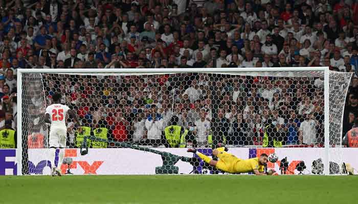 Englands Bukayo Saka has his penalty saved during a penalty shootout in his teams Euro 202 Final against Italy. Photo:  Reuters