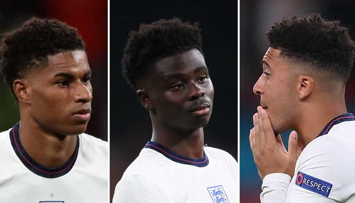 (L-R) England footballers Marcus Rashford, Bukayo Saka, and Jadon Sancho.