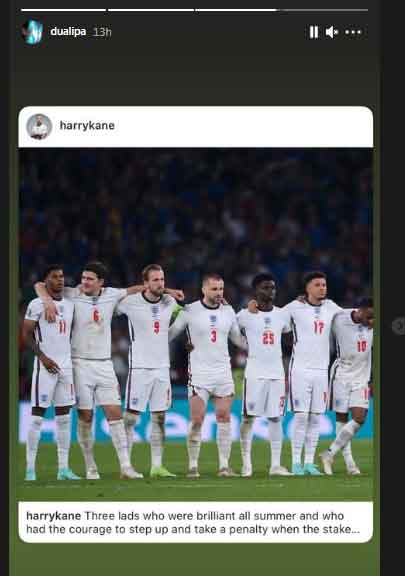Dua Lipa expresses solidarity with black English soccer players