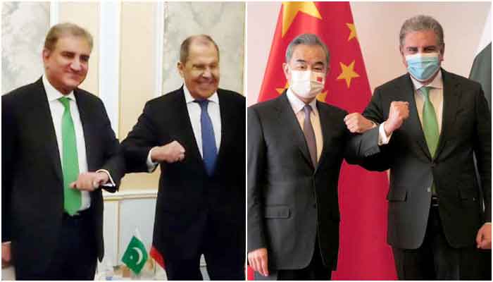 Foreign Minister Shah Mahmood Qureshi meeting Foreign Minister of Russian Federation Sergei Lavrov (L) and meeting Chinese Foreign Minister Wang Yi, on on the sidelines of the SCO Council of Foreign Ministers meeting in Tajikistan, on July 14, 2021. — PID