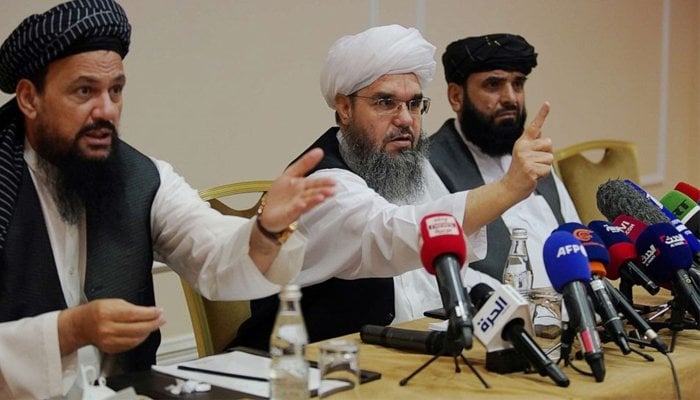 Members of Taliban political office Abdul Latif Mansoor (L), Shahabuddin Dilawar (C) and Suhail Shaheen attend a news conference in Moscow, Russia July 9, 2021. REUTERS/Tatyana Makeyeva.