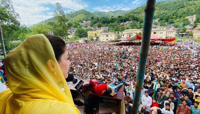 PML-N-Vice President Maryam Nawaz addressing an election rally at Azad Jammu and Kashmirs Hajira, on July 14, 2021. — Twitter/PML-N