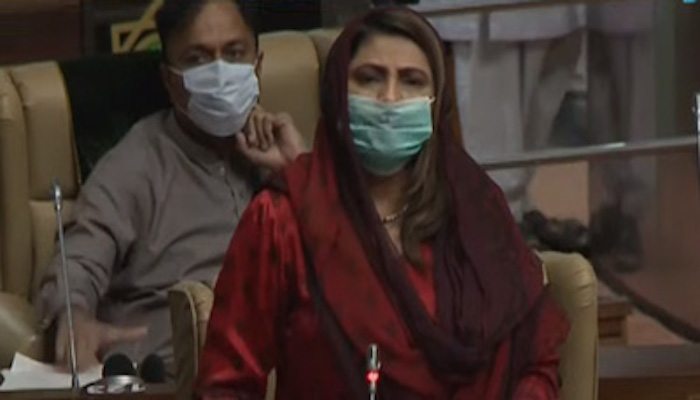 Grand Democratic Alliance lawmaker Nusrat Sehar Abbasi speaking during a session of Sindh Assembly on July 4, 2020. Photo: Geo.tv/ file