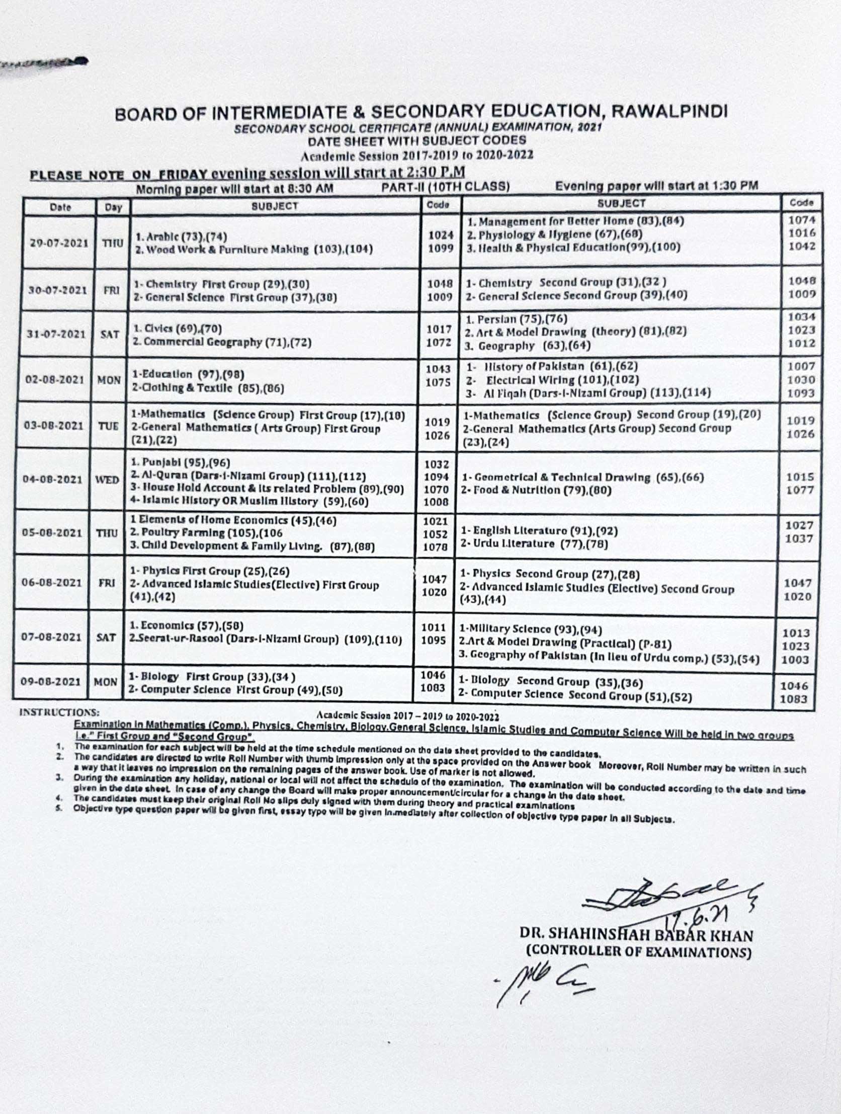 BISE Rawalpindi issues matric exams date sheet.