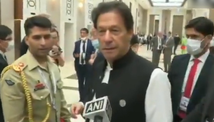 Prime Minister Imran Khan responds to the ANI journalist after attending a conference in Uzbekistan today. Photo: ANI Twitter video screengrab