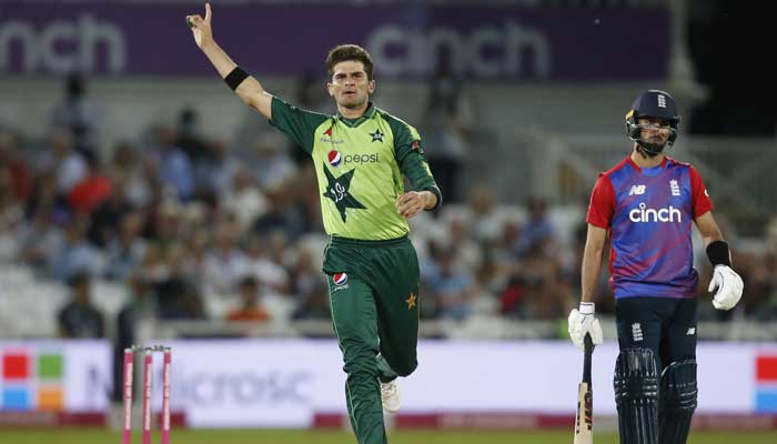 Pakistans Shaheen Afridi celebrates after taking the wicket of Englands Matt Parkinson to win the first T20 match. -Reuters