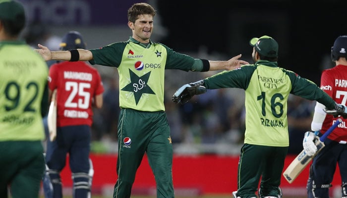 Shaheen Afridi celebrates after taking a wicket during first T20 against England.