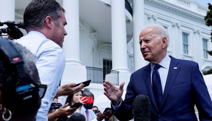 U.S. President Joe Biden talks to the media as he departs for a weekend visit to Camp David from the White House in Washington, U.S., July 16, 2021. Photo: Reuters