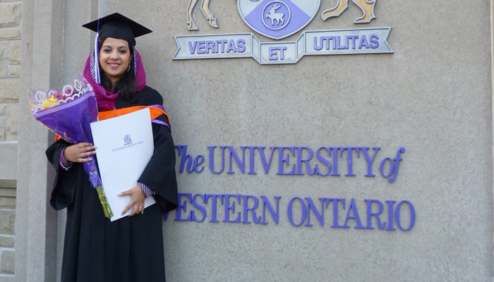 Madiha Salman is seen in this undated picture with the logo of her alma mater. Photo: Western University