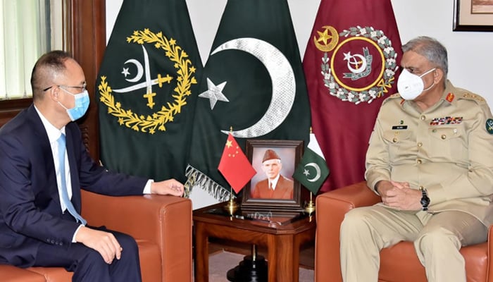 Chief of Army Staff General Qamar Javed Bajwa (right) meets Chinese Ambassador to Pakistan Nong Rong (left) at the General Headquarters in Rawalpindi, on July 19, 2021. — ISPR