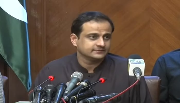 Sindh government spokesperson Murtaza Wahab addressing a press conference in Karachi, on July 19, 2021. — YouTube/HumNewsLive