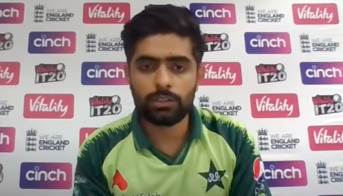 Pakistan skipper Babar Azamspeaking during a post-match press conference in Manchester, on July 21, 2021. — YouTube