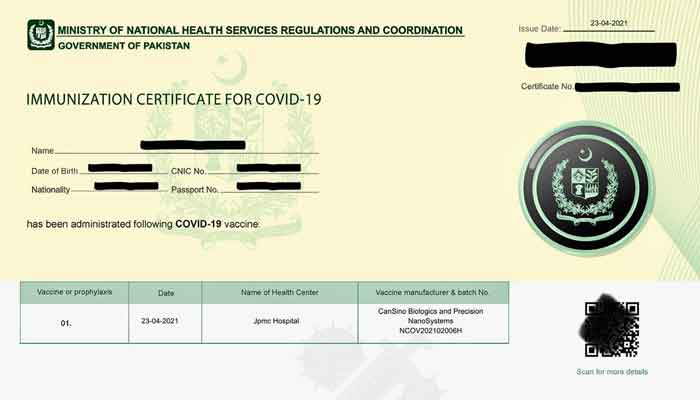 A certificate issued by NADRA to a person who got vaccinated with the CanSino Bio single-dose vaccine. Photo: NADRA